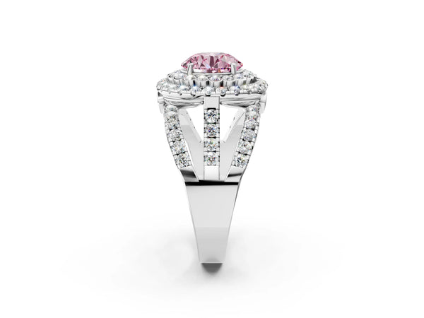 White gold Double Halo Fancy Pink Round Cut Diamond Split Shank Pave Set Ring