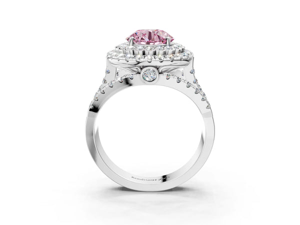White gold Double Halo Fancy Pink Round Cut Diamond Split Shank Pave Set Ring