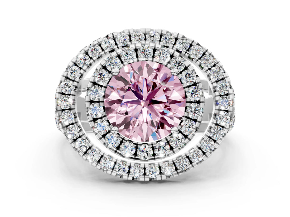 White gold Double Halo Fancy Pink Round Cut Diamond Split Shank Prong Setting Ring