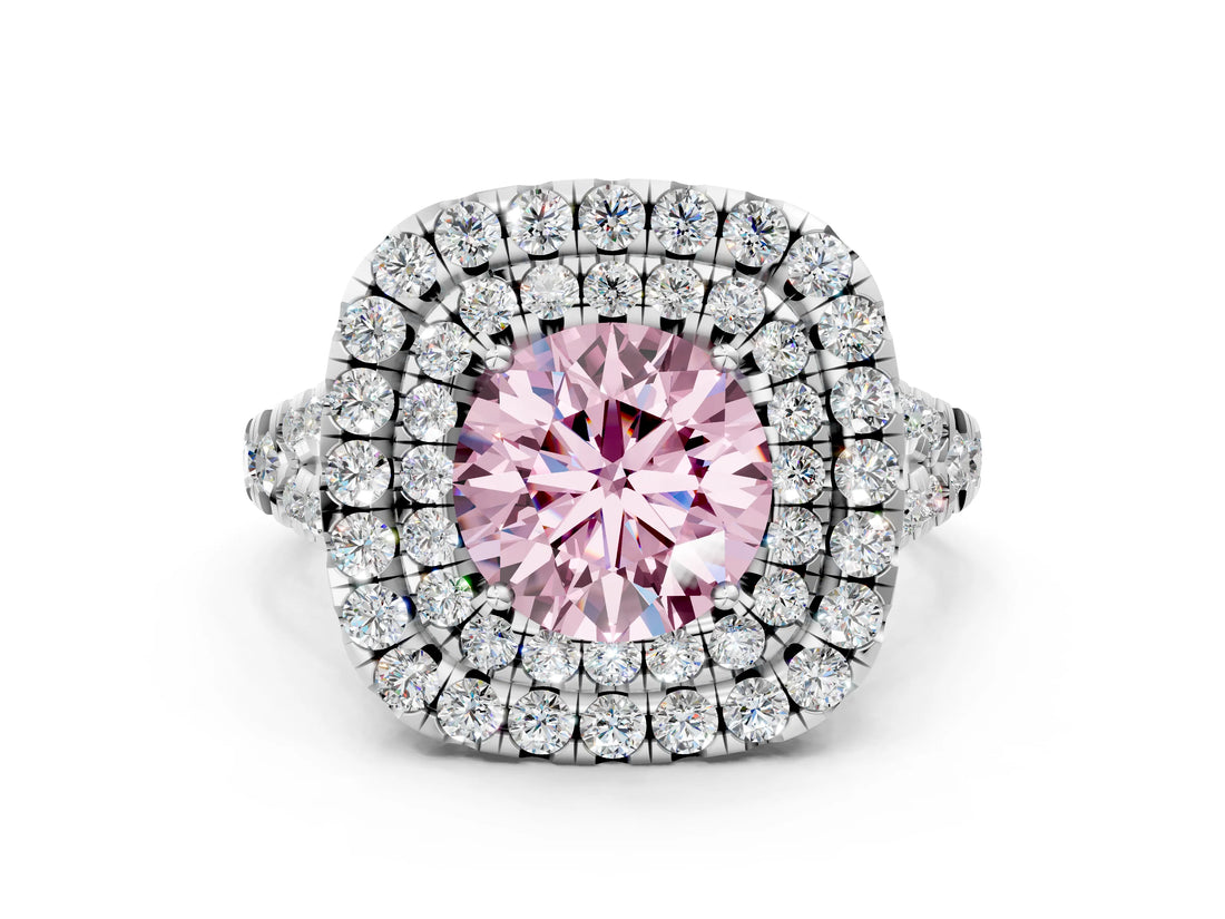 White gold Double Halo Fancy Pink Round  Cut Pave Split Shank Prong Set Ring_15