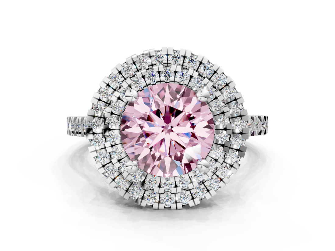White gold Double Halo Fancy Pink Round  Diamond Pave Band with Four-Prong Setting_18