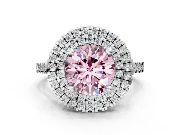 White gold Double Halo Fancy Pink Round Cut Diamond Pavé Band with Four-Prong Setting