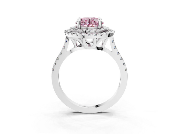 White gold Double Halo Fancy Pink Round Cut Diamond Pavé Band with Four-Prong Setting
