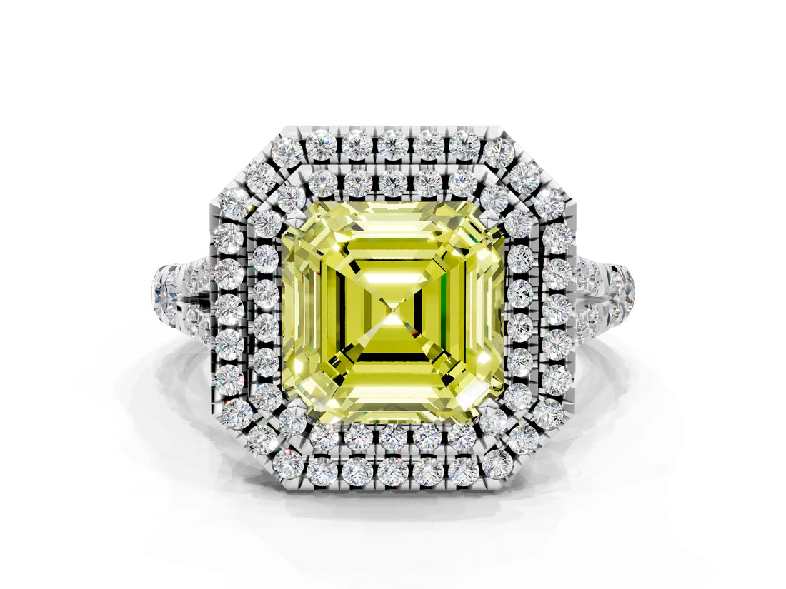 White gold Double Halo Fancy Yellow Asscher Cut Diamond Split Shank Engagement Ring with Four-Prong Setting_3
