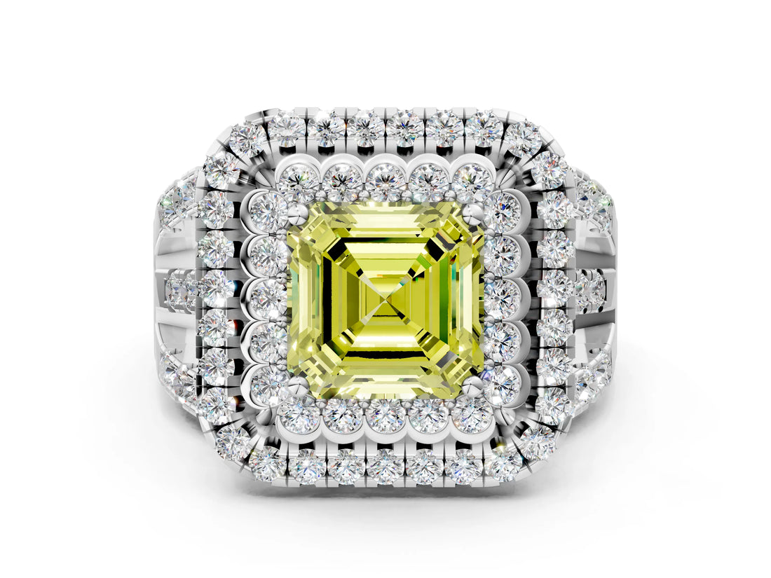 White gold Double Halo Fancy Yellow Asscher Cut Diamond Split Shank Pave Set Ring_3