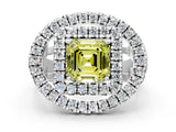 White gold Double Halo Fancy Yellow Asscher Cut Diamond Split Shank Prong Setting Ring