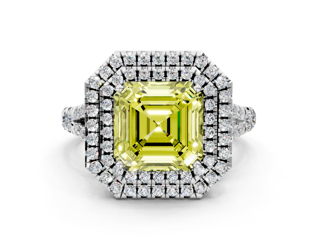 White gold Double Halo Fancy Yellow Asscher  Cut Diamond Split Shank Ring with Four Prong Setting
