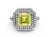 White gold Double Halo Fancy Yellow Asscher  Cut Diamond Split Shank Ring with Four Prong Setting