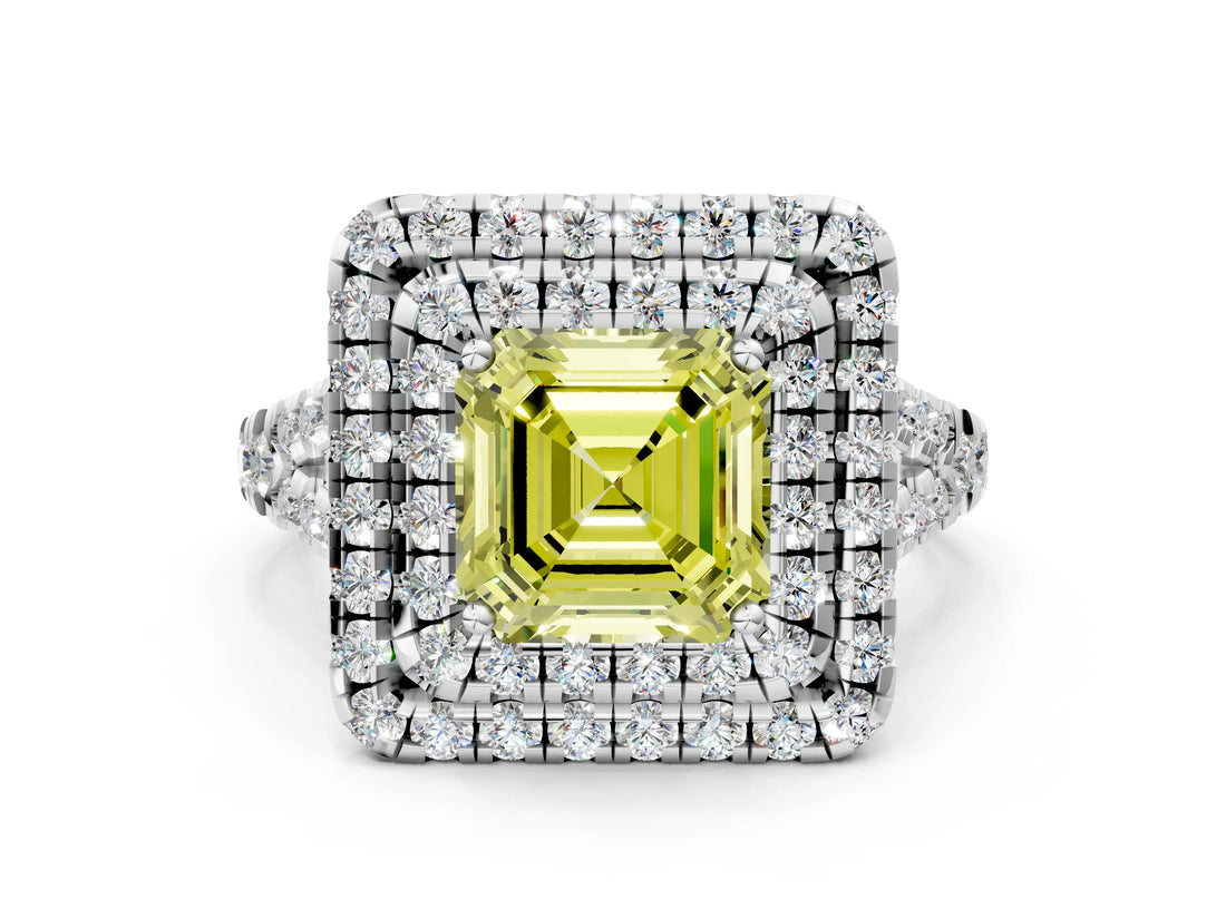 White gold Double Halo Fancy Yellow Asscher  Cut Pave Split Shank Prong Set Ring_15