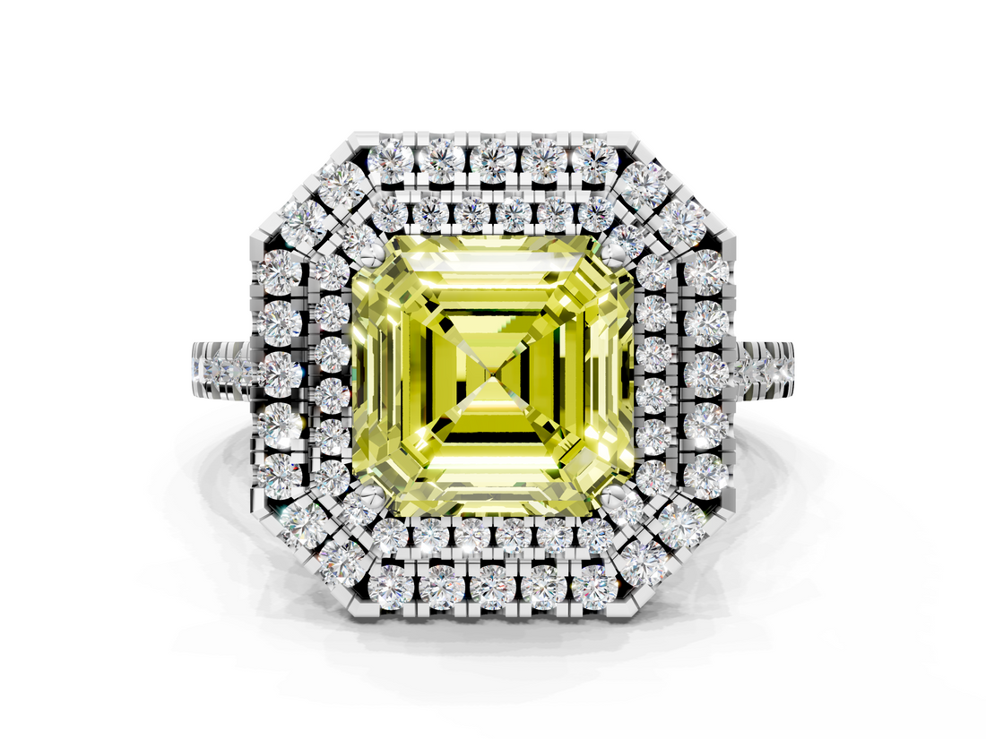 White gold Double Halo Fancy Yellow Asscher  Diamond Pave Band with Four-Prong Setting