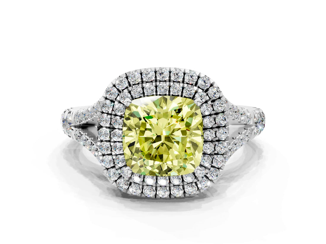 White gold Double Halo Fancy Yellow Cushion Cut Diamond Split Shank Engagement Ring with Four-Prong Setting_27