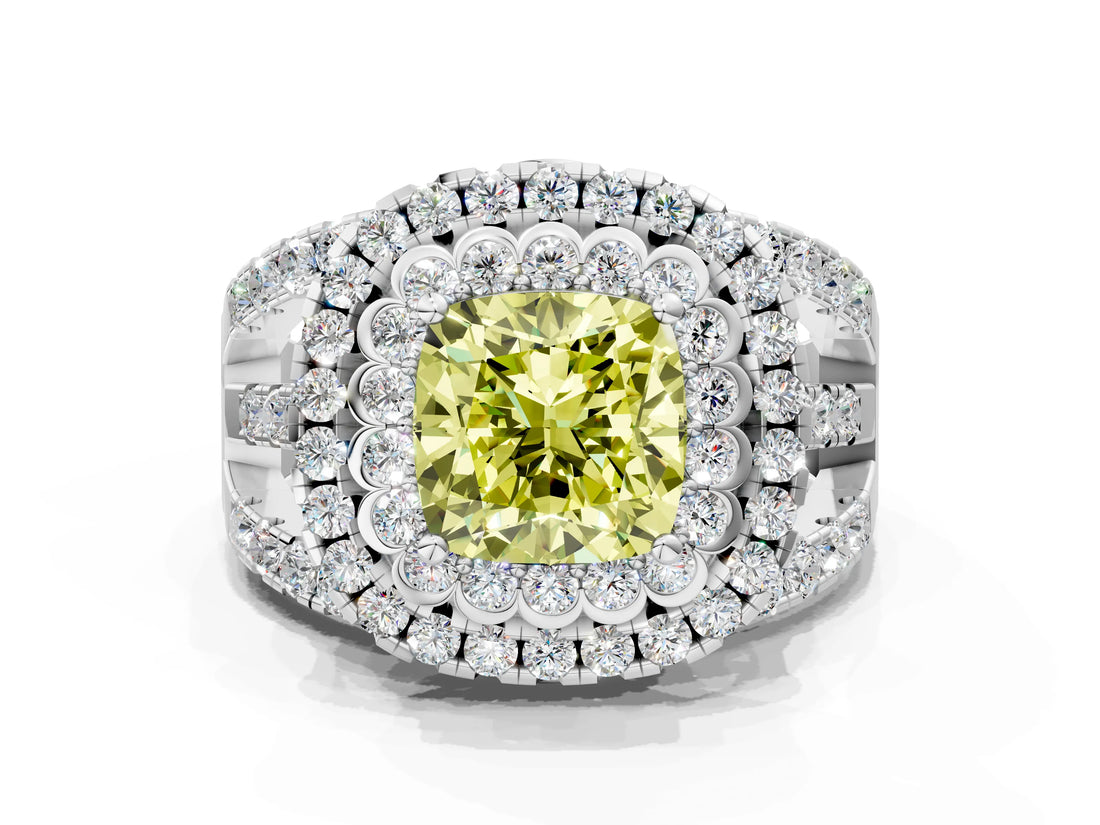 White gold Double Halo Fancy Yellow Cushion Cut Diamond Split Shank Pave Set Ring_3