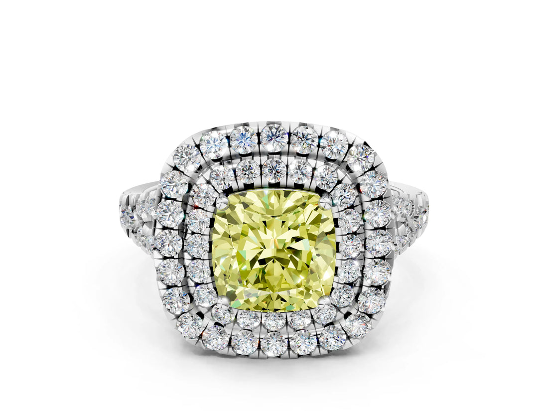 White gold Double Halo Fancy Yellow Cushion  Cut Pave Split Shank Prong Set Ring_15