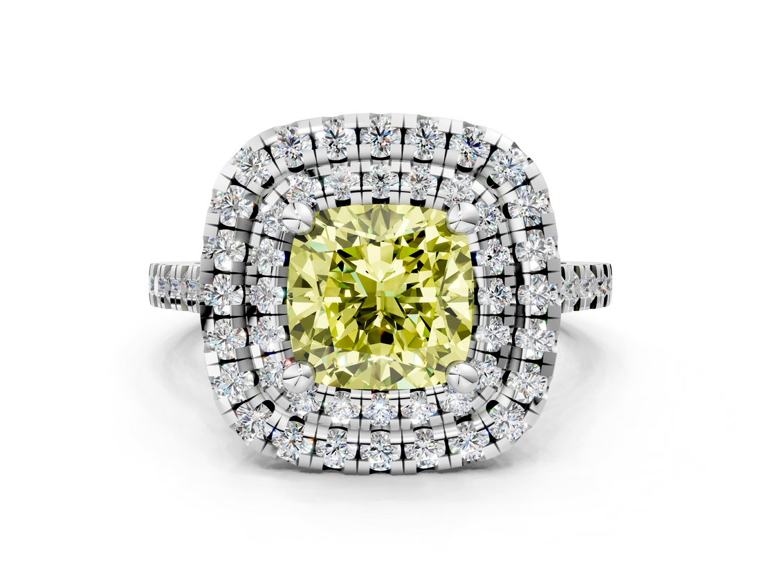 White gold Double Halo Fancy Yellow Cushion  Diamond Pave Band with Four-Prong Setting_77