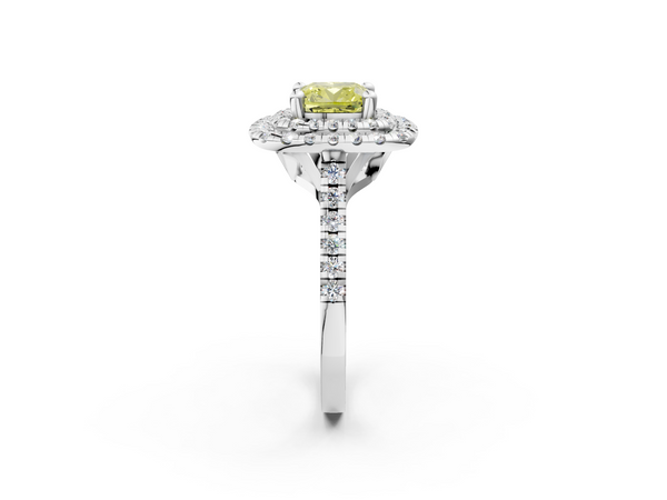 White gold Double Halo Fancy Yellow Cushion Cut Diamond Pavé Band with Four-Prong Setting