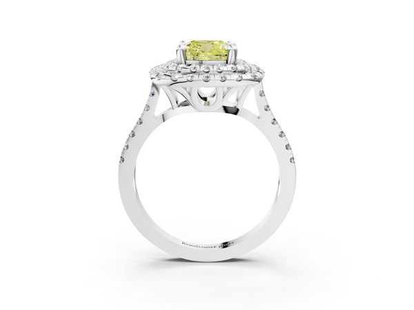 White gold Double Halo Fancy Yellow Cushion Cut Diamond Pavé Band with Four-Prong Setting
