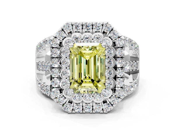 Platinum Emerald Cut Scalloped Double Halo Engagement Ring Setting for Fancy Yellow Center