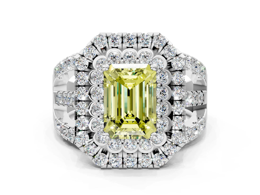 White gold Double Halo Fancy Yellow Emerald Cut Diamond Split Shank Pave Set Ring_3