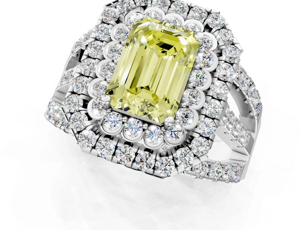 Platinum Emerald Cut Scalloped Double Halo Engagement Ring Setting for Fancy Yellow Center