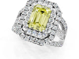 White gold Double Halo Fancy Yellow Emerald Cut Diamond Split Shank Pave Set Ring_4