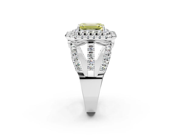Platinum Emerald Cut Scalloped Double Halo Engagement Ring Setting for Fancy Yellow Center