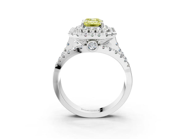 Platinum Emerald Cut Scalloped Double Halo Engagement Ring Setting for Fancy Yellow Center