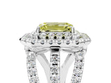 White gold Double Halo Fancy Yellow Emerald Cut Diamond Split Shank Pave Set Ring_8
