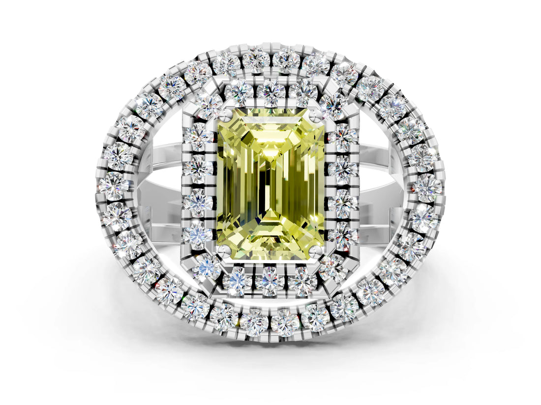 White gold Double Halo Fancy Yellow Emerald Cut Diamond Split Shank Prong Setting Ring
