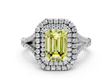 White gold Double Halo Fancy Yellow Emerald  Cut Diamond Split Shank Ring with Four Prong Setting_20