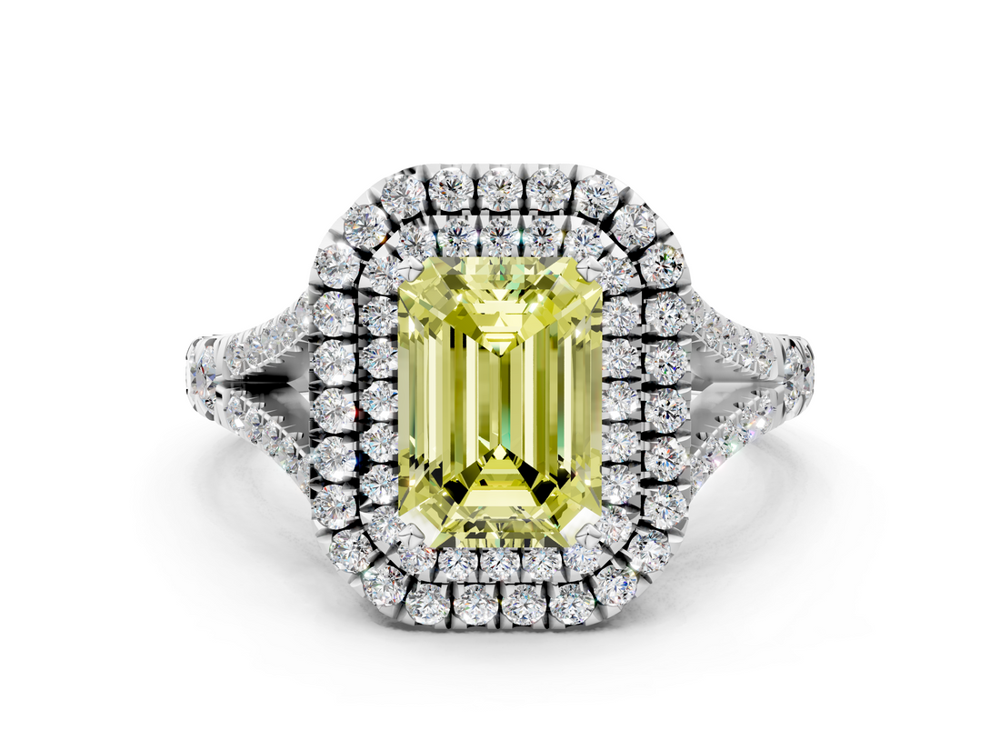 White gold Double Halo Fancy Yellow Emerald  Cut Diamond Split Shank Ring with Four Prong Setting_20