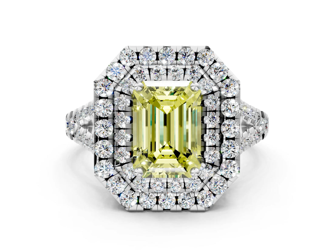 White gold Double Halo Fancy Yellow Emerald  Cut Pave Split Shank Prong Set Ring_15