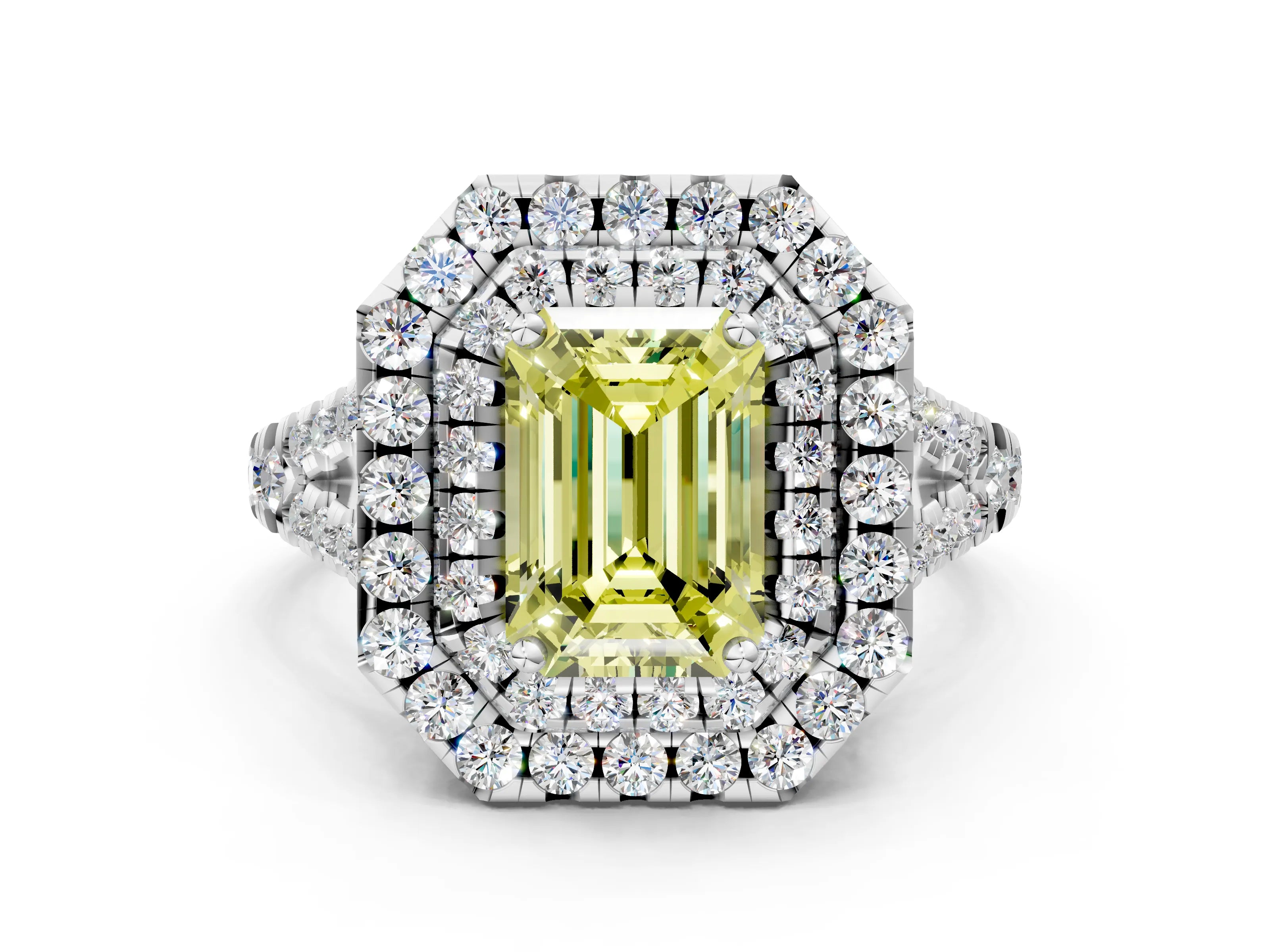 Double Fancy Silver Double Halo Fancy Yellow Emerald Cut Diamond Pavé Split Shank R
