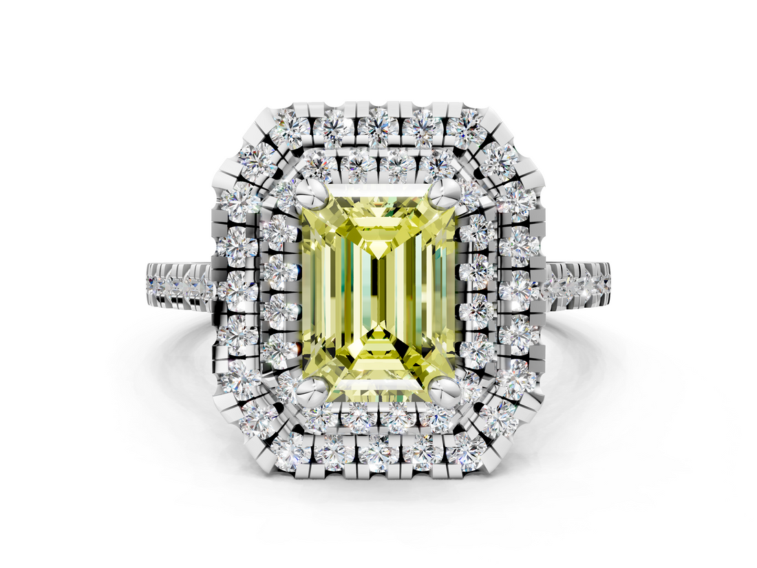 White gold Double Halo Fancy Yellow Emerald  Diamond Pave Band with Four-Prong Setting_43