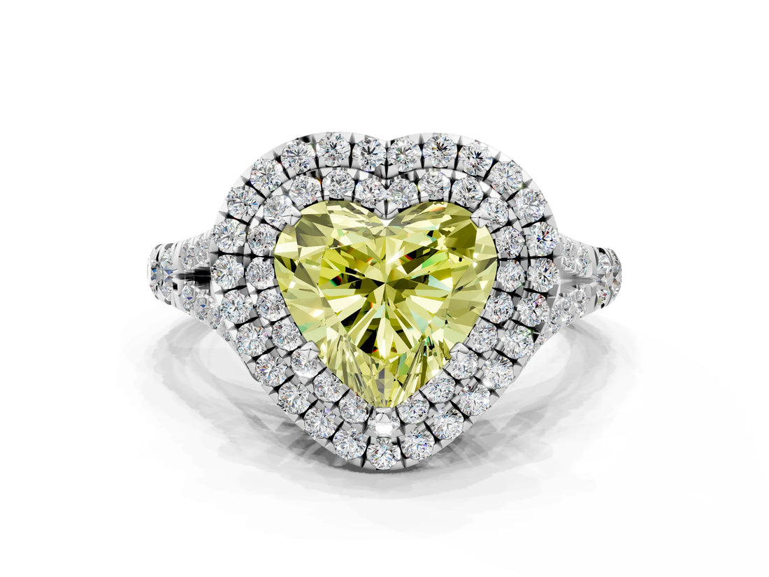 White gold Double Halo Fancy Yellow Heart Cut Diamond Split Shank Engagement Ring with Four-Prong Setting_27
