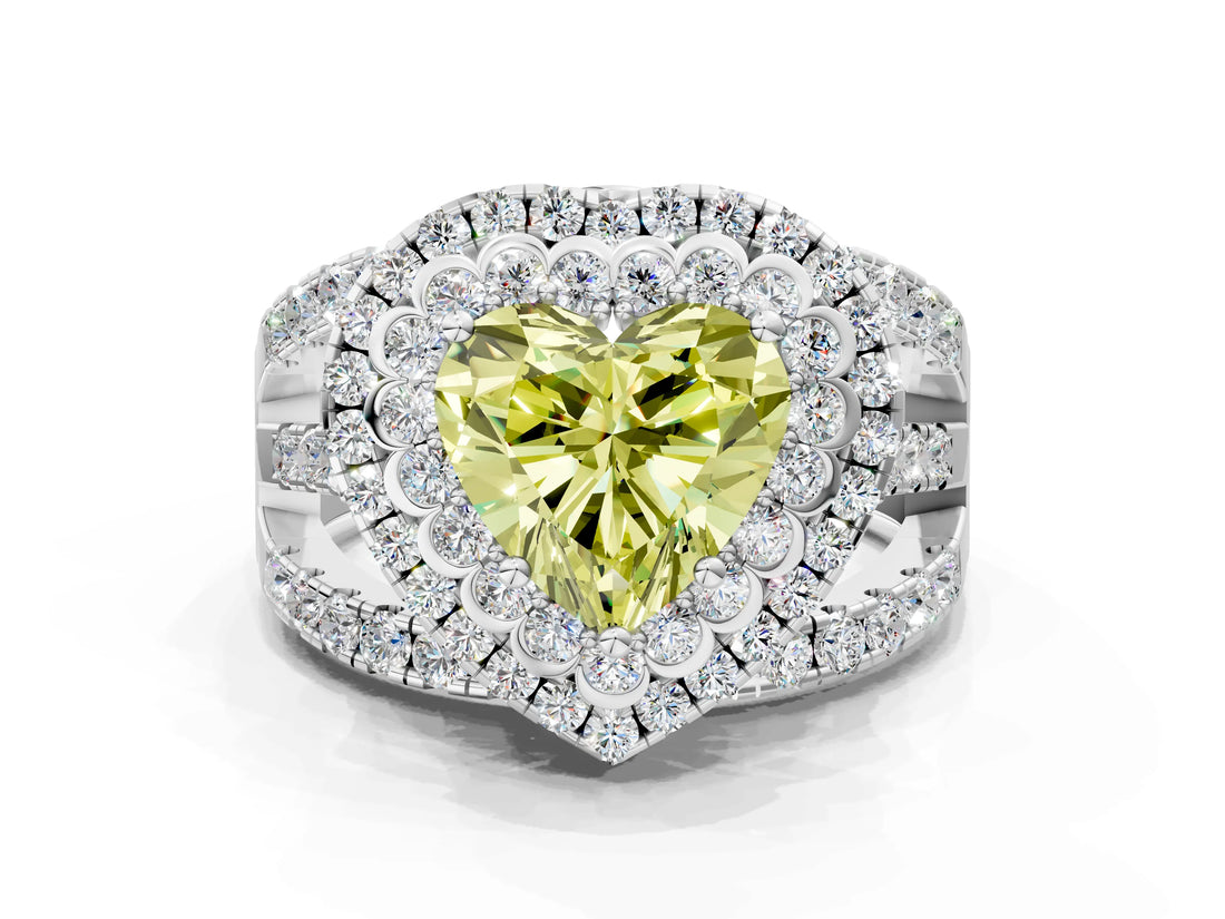 White gold Double Halo Fancy Yellow Heart Cut Diamond Split Shank Pave Set Ring_3