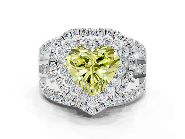 Platinum Double Halo Fancy Yellow Heart Cut Diamond Split Shank Pave Set Ring