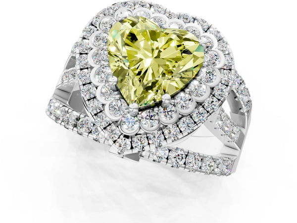 Platinum Double Halo Fancy Yellow Heart Cut Diamond Split Shank Pave Set Ring