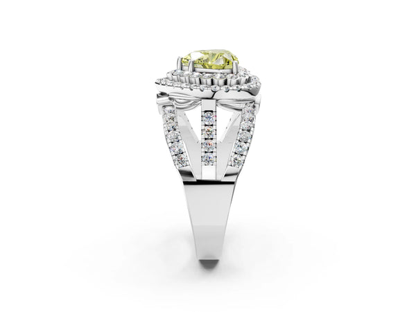 Platinum Double Halo Fancy Yellow Heart Cut Diamond Split Shank Pave Set Ring