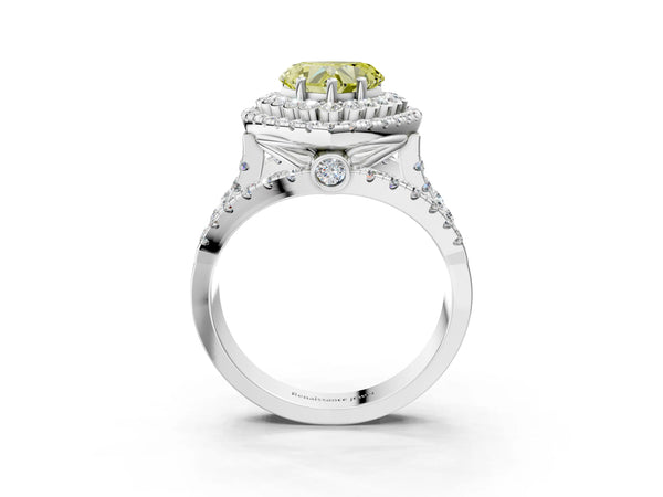 Platinum Double Halo Fancy Yellow Heart Cut Diamond Split Shank Pave Set Ring