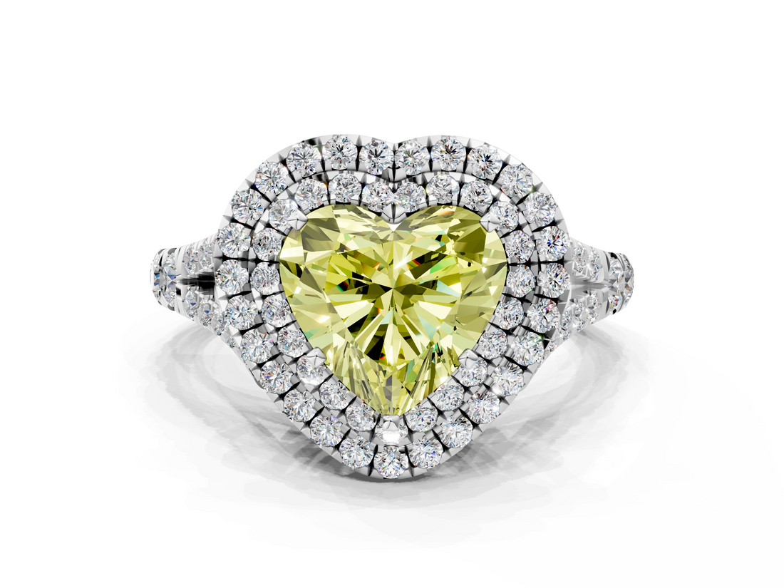 White gold Double Halo Fancy Yellow Heart  Cut Diamond Split Shank Ring with Four Prong Setting_21
