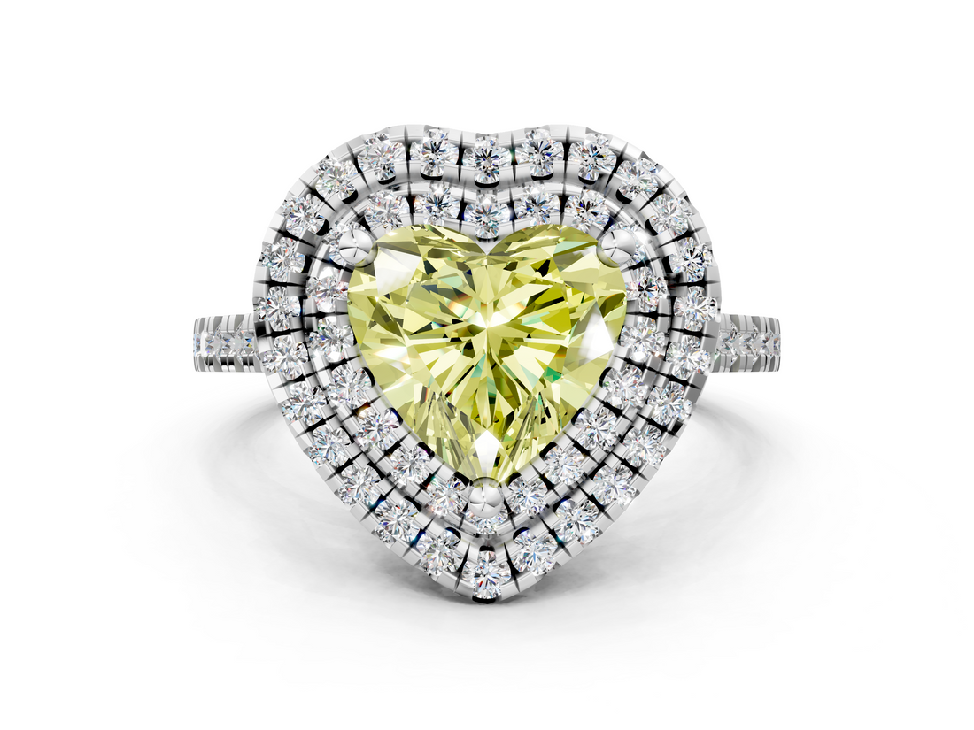 White gold Double Halo Fancy Yellow Heart  Diamond Pave Band with Four-Prong Setting_43