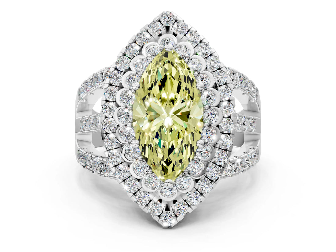 White gold Double Halo Fancy Yellow Marquise Cut Diamond Split Shank Pave Set Ring_3