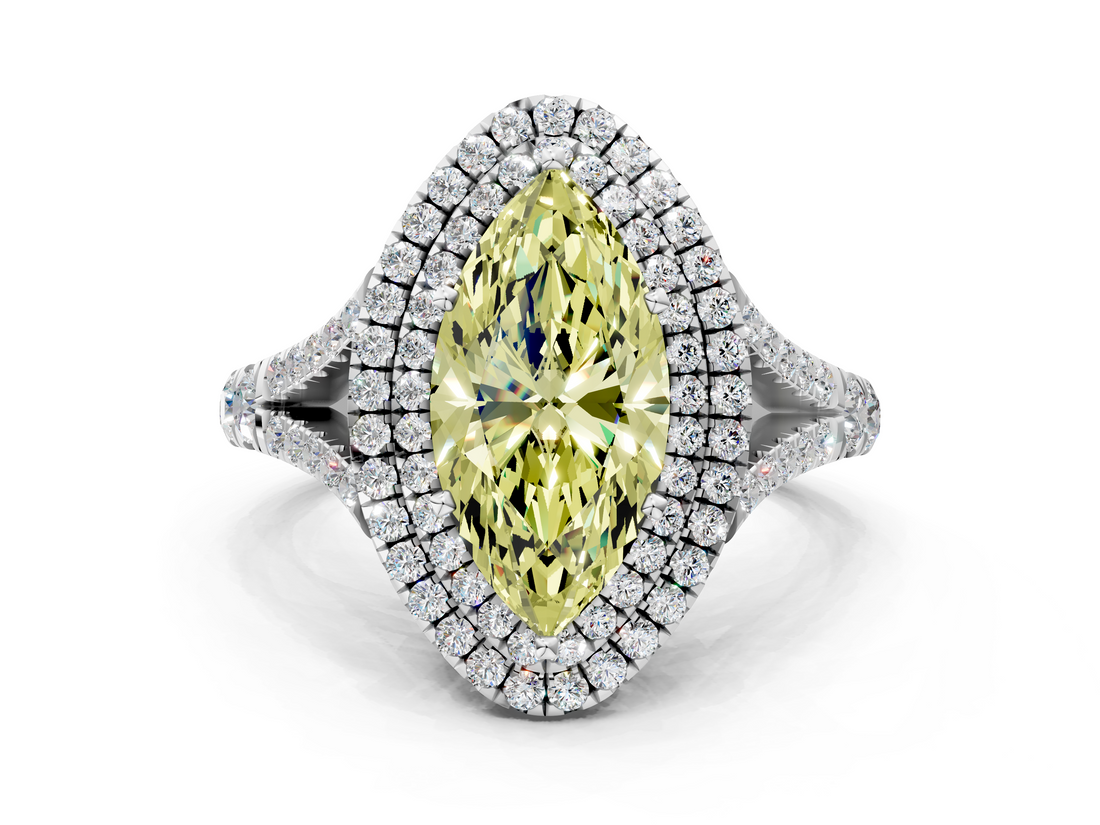 White gold Double Halo Fancy Yellow Marquise  Cut Diamond Split Shank Ring with Four Prong Setting