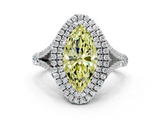 White gold Double Halo Fancy Yellow Marquise  Cut Diamond Split Shank Ring with Four Prong Setting