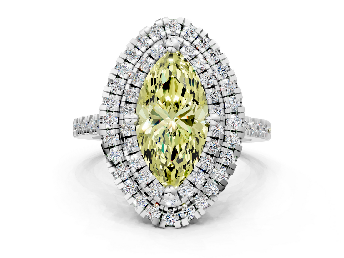 White gold Double Halo Fancy Yellow Marquise  Diamond Pave Band with Four-Prong Setting_16