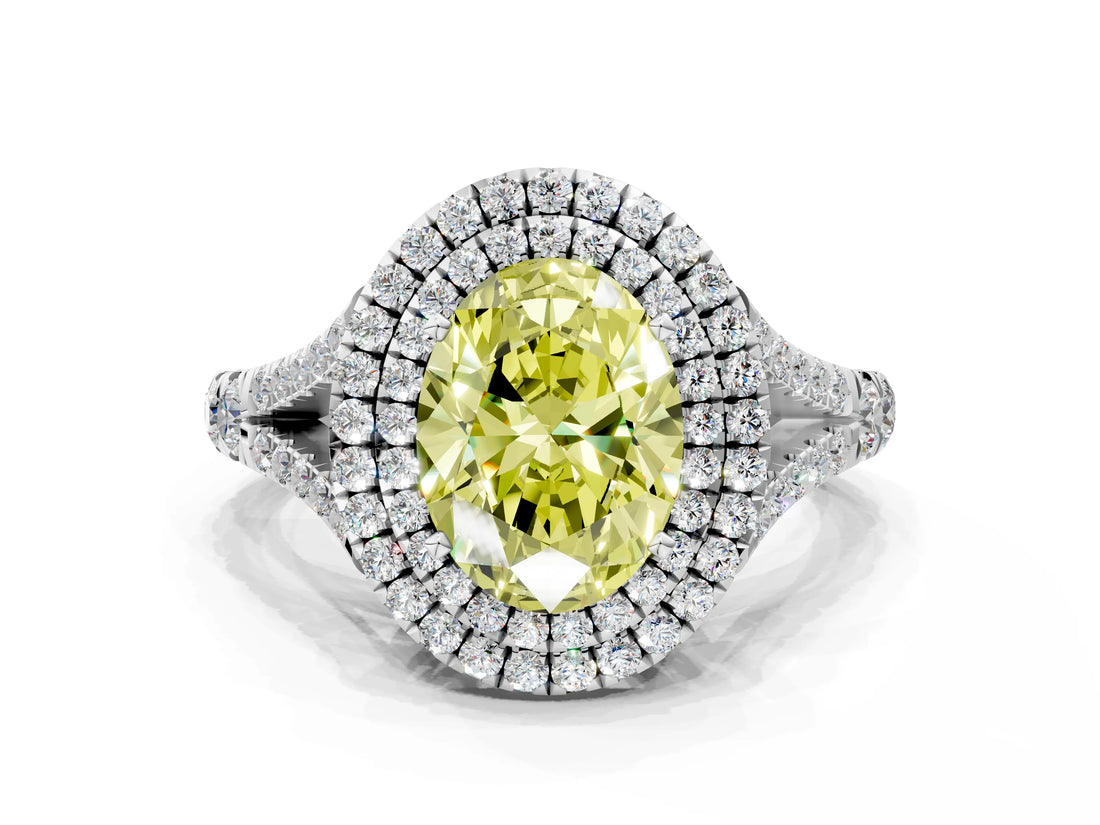 White gold Double Halo Fancy Yellow Oval Cut Diamond Split Shank Engagement Ring with Four-Prong Setting_27