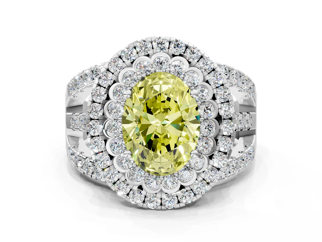 White gold Double Halo Fancy Yellow Oval Cut Diamond Split Shank Pave Set Ring_3
