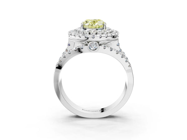 Platinum Oval Scalloped Double Halo Engagement Ring Setting for Fancy Yellow Center
