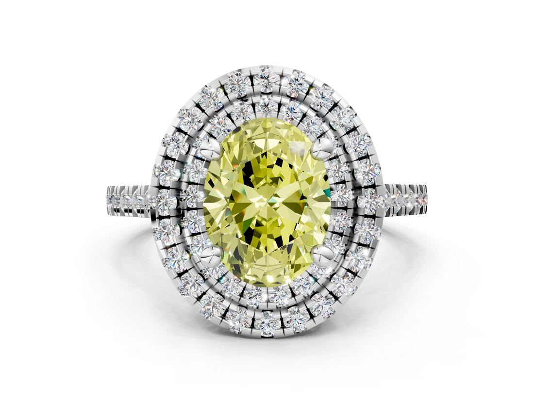 White gold Double Halo Fancy Yellow Oval  Diamond Pave Band with Four-Prong Setting_66