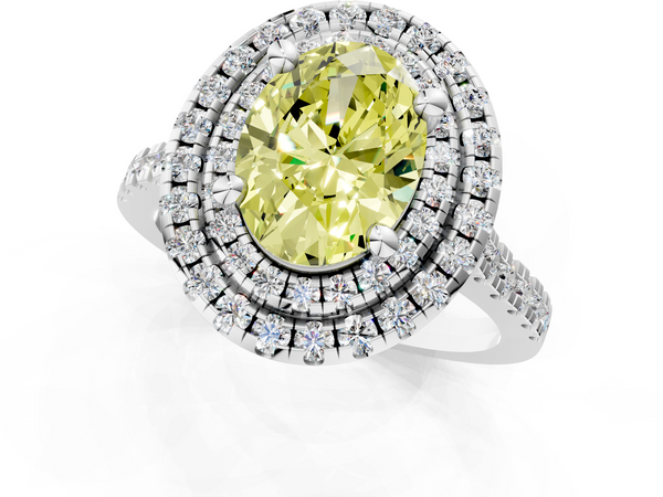 White gold Double Halo Fancy Yellow Oval Cut Diamond Pavé Band with Four-Prong Setting